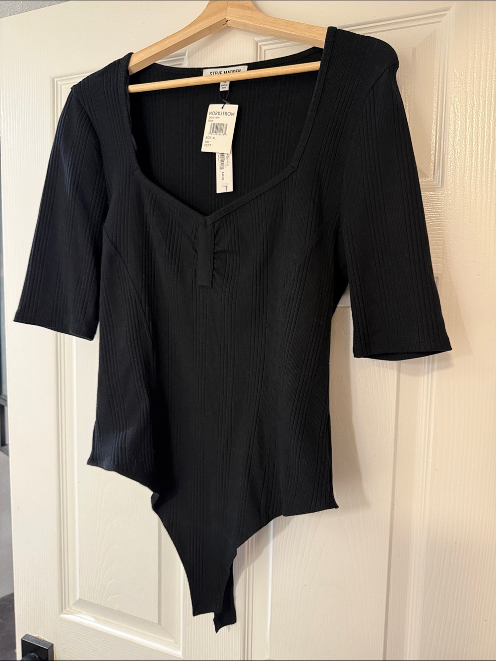 Steve Madden Black Ribbed Square-Neck Short-Sleeve Bodysuit